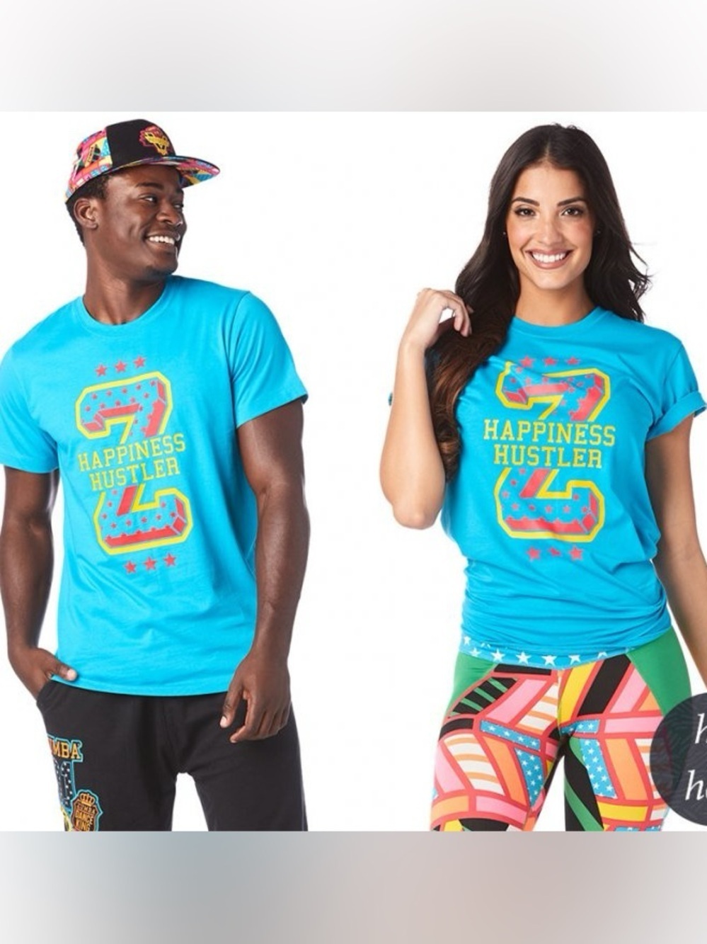 Zumba Fitness "Happiness Hustler" Graphic Zumba Instructor Tee in Blue M/L  NWT